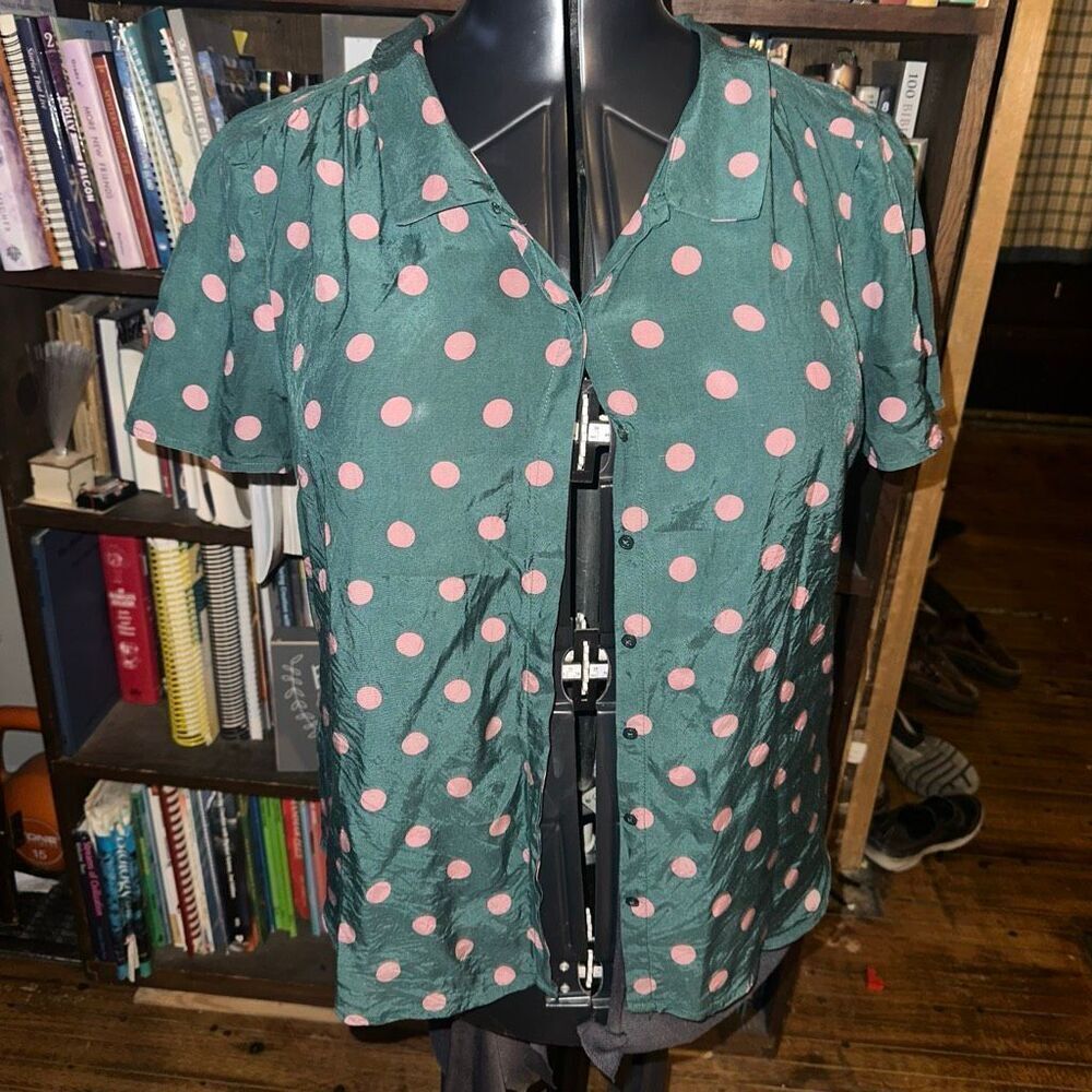 Boden polka dot silk blend button down short sleeve luxe blouse